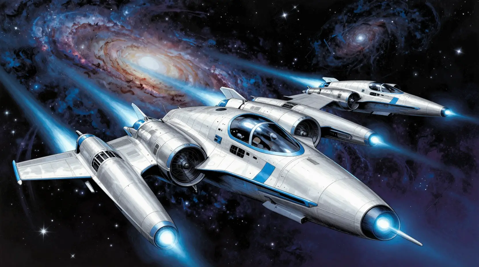 一支星際戰機中隊掠過遙遠的銀河星空