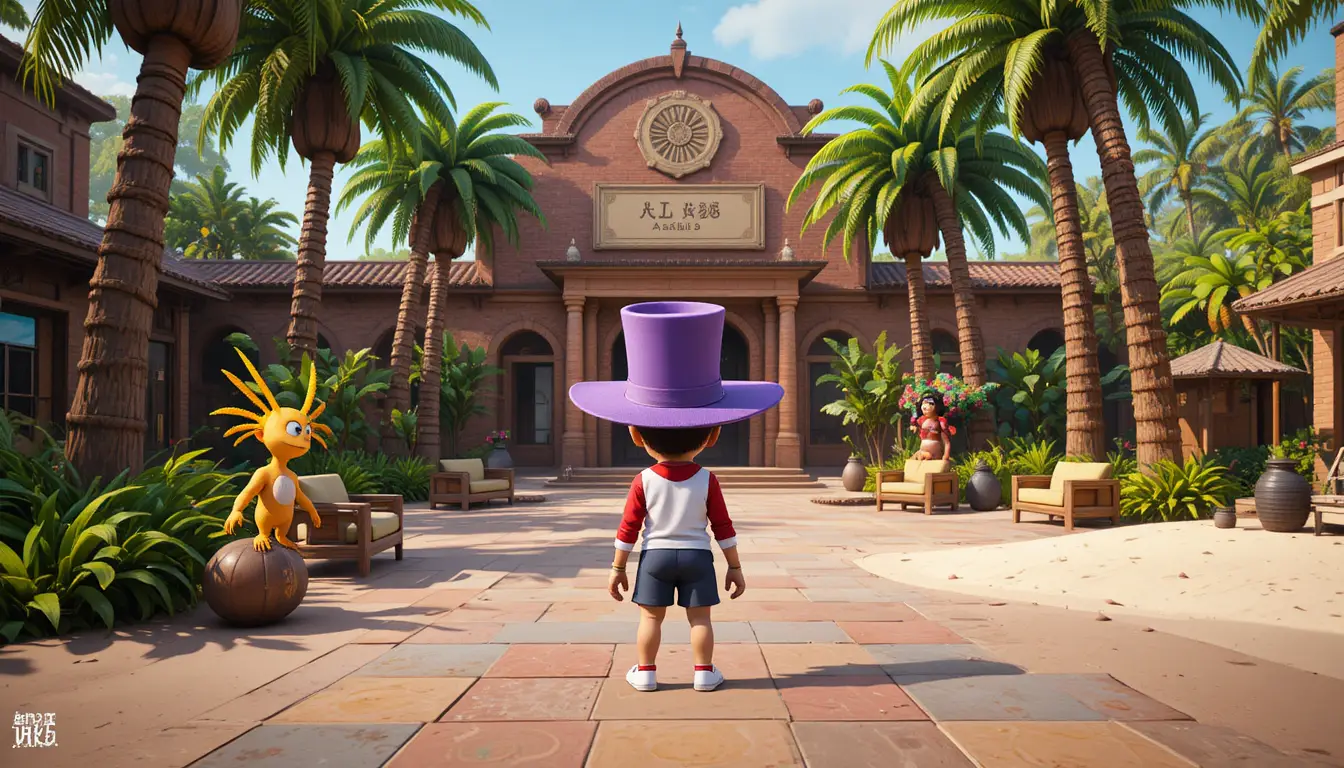 A small adventurer faces a colorful tropical plaza in a 3D game scene