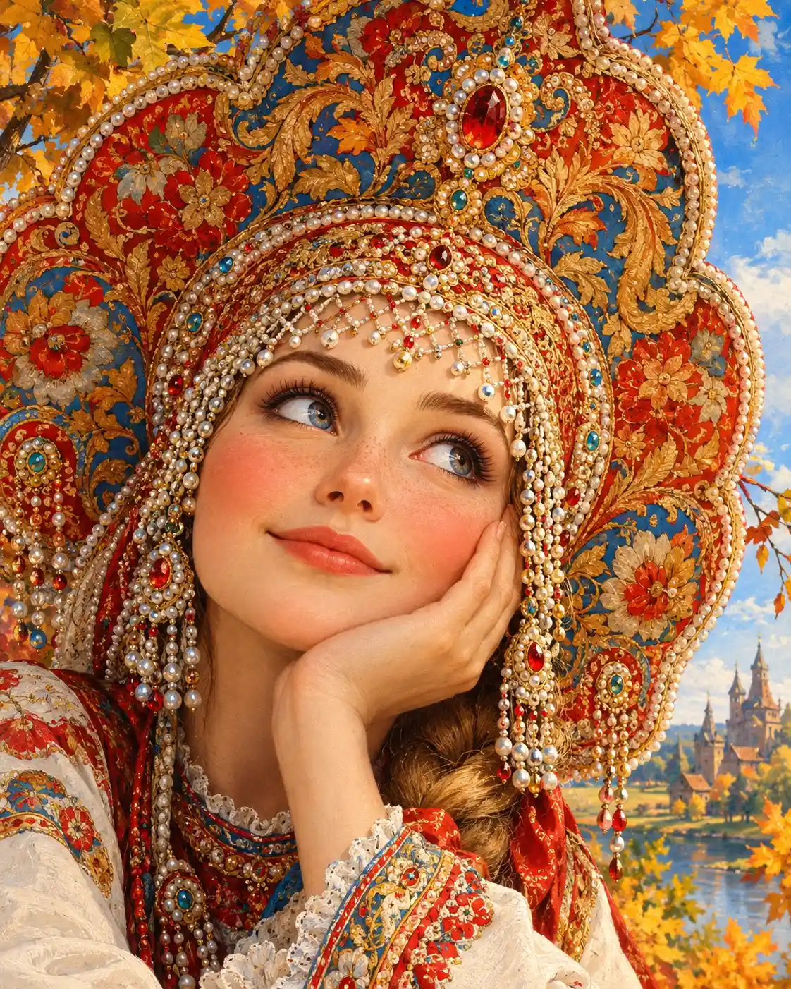 A woman in an ornate kokoshnik gazes upward with a dreamy half-smile
