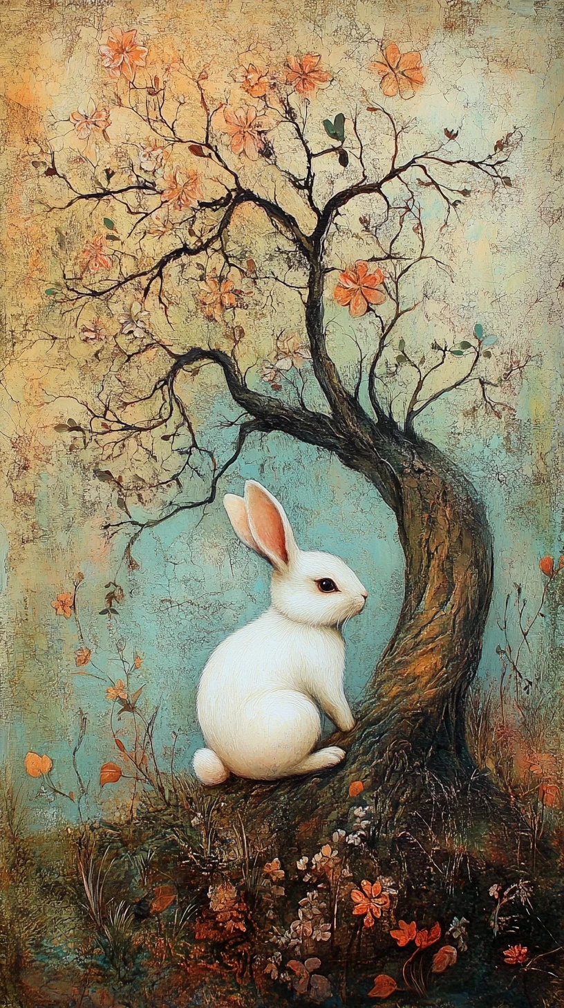 A white rabbit rests beneath an ancient tree through four seasons