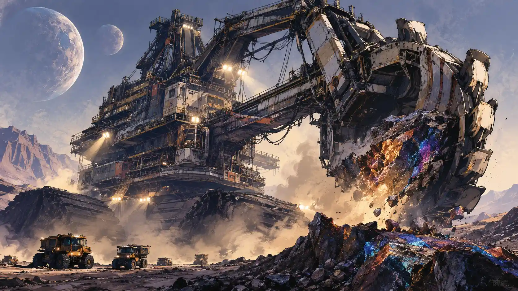 A Colossal Mining Machine Excavates a Barren World Beneath Two Moons