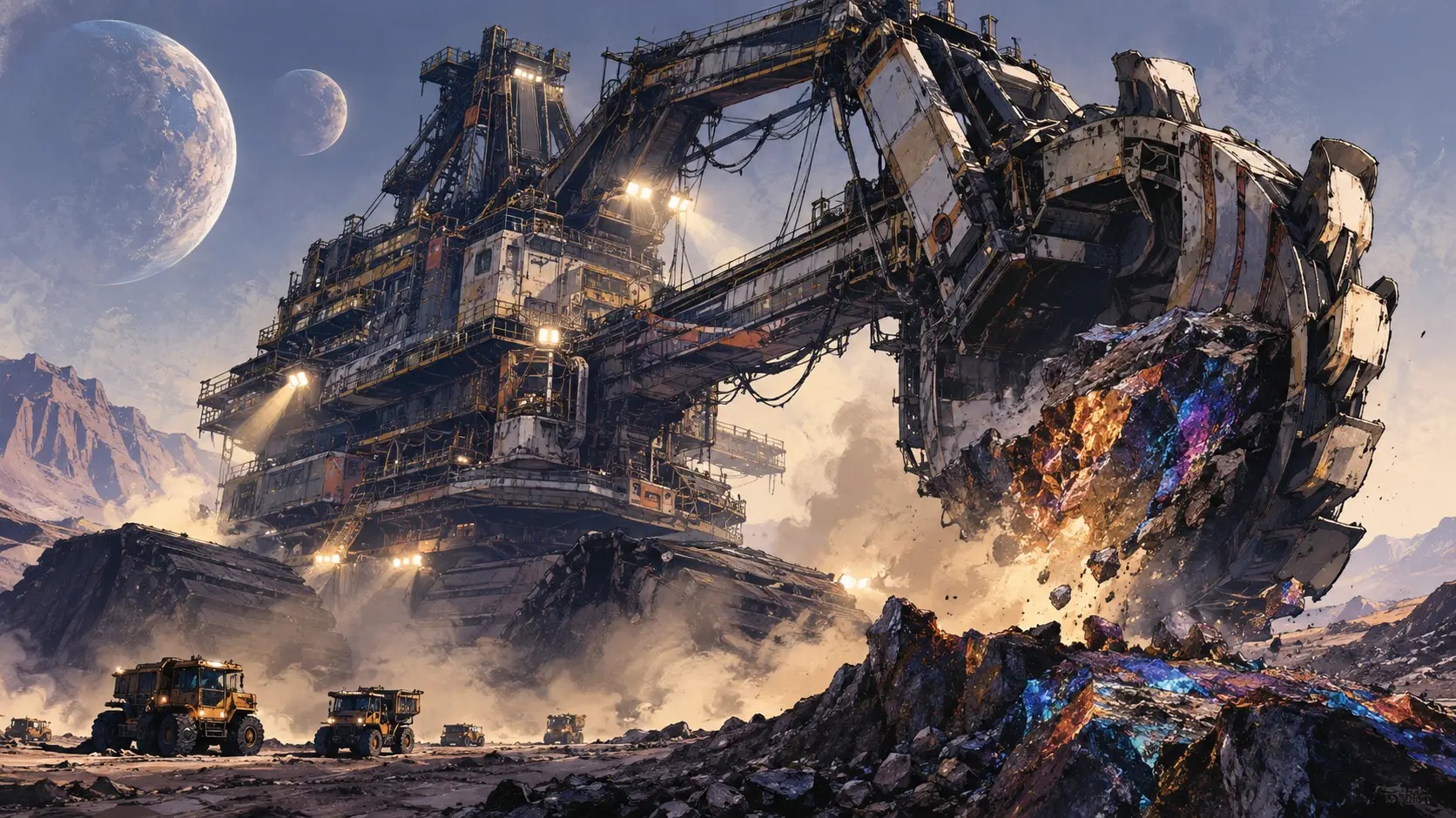 Una colossale macchina mineraria scava un mondo desolato sotto due lune