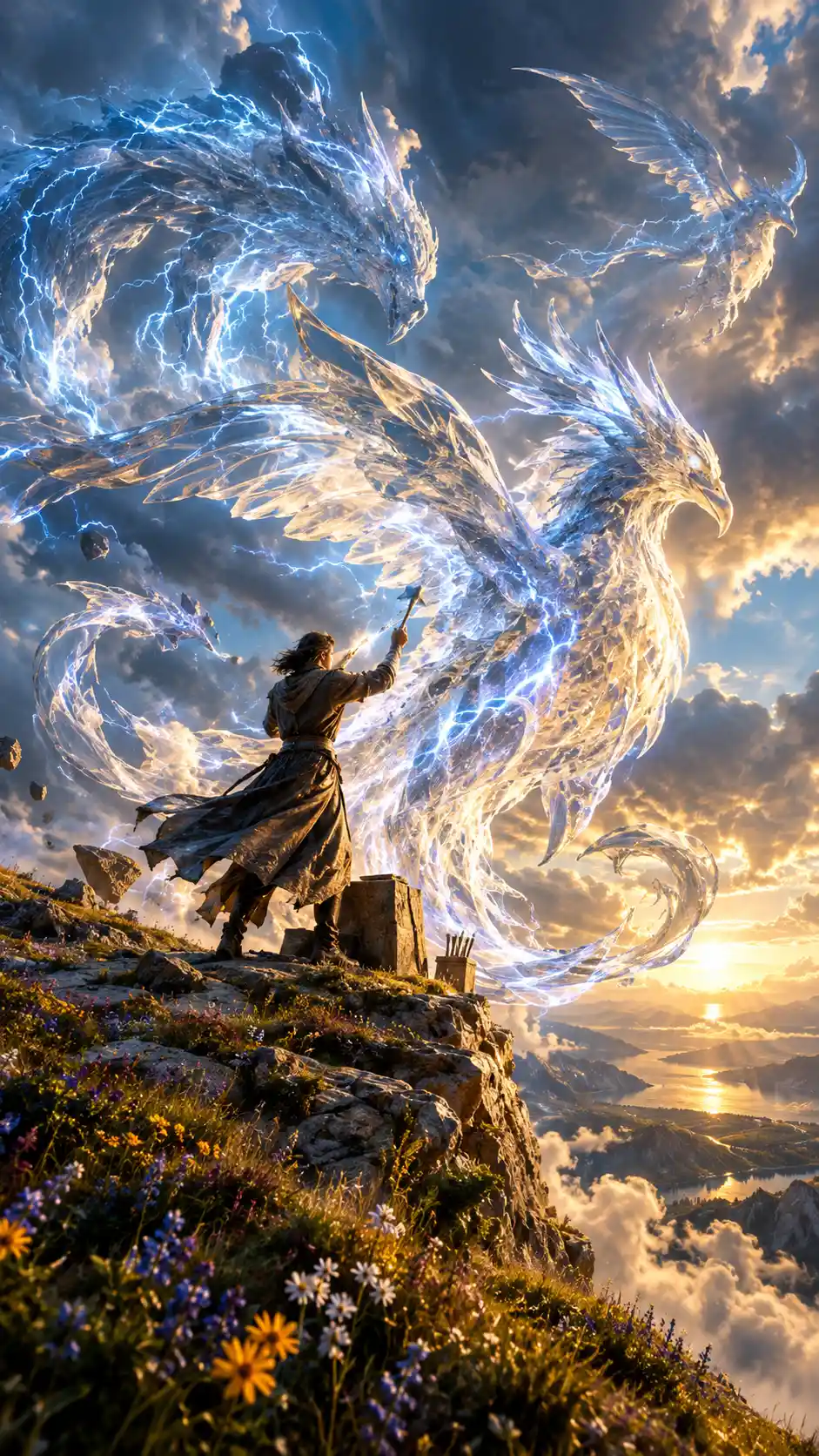 A sculptor shapes lightning into airborne creatures above wildflower-covered cliffs