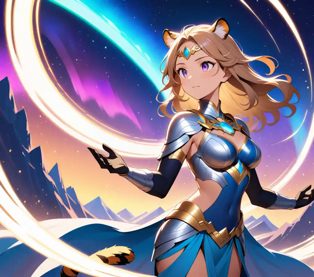 A tiger striped warrior stands on the Bifrost above Asgard