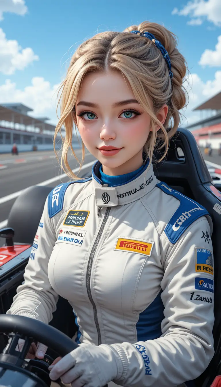 Une pilote blonde se tient sur un circuit de Formule 1