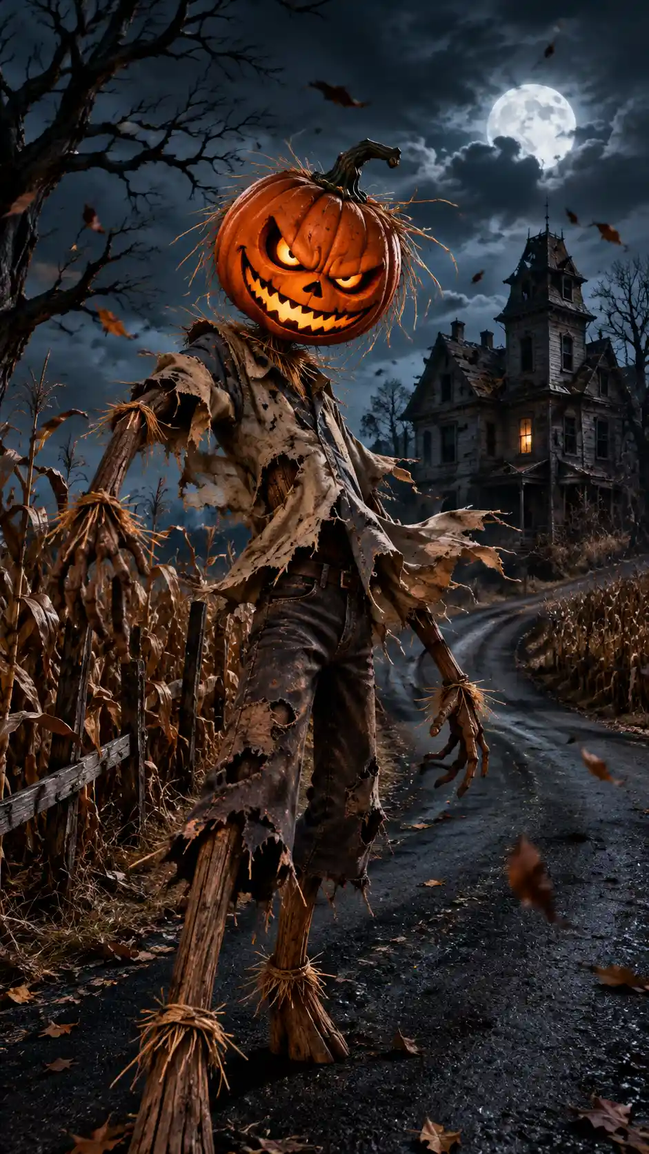 A Pumpkin Head Scarecrow Stands Along a Dark Cornfield Road