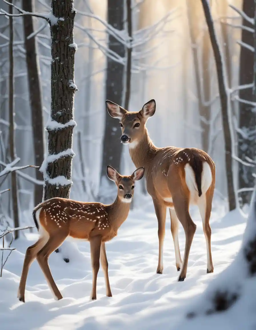A doe and her fawn walk through a snowy winter forest