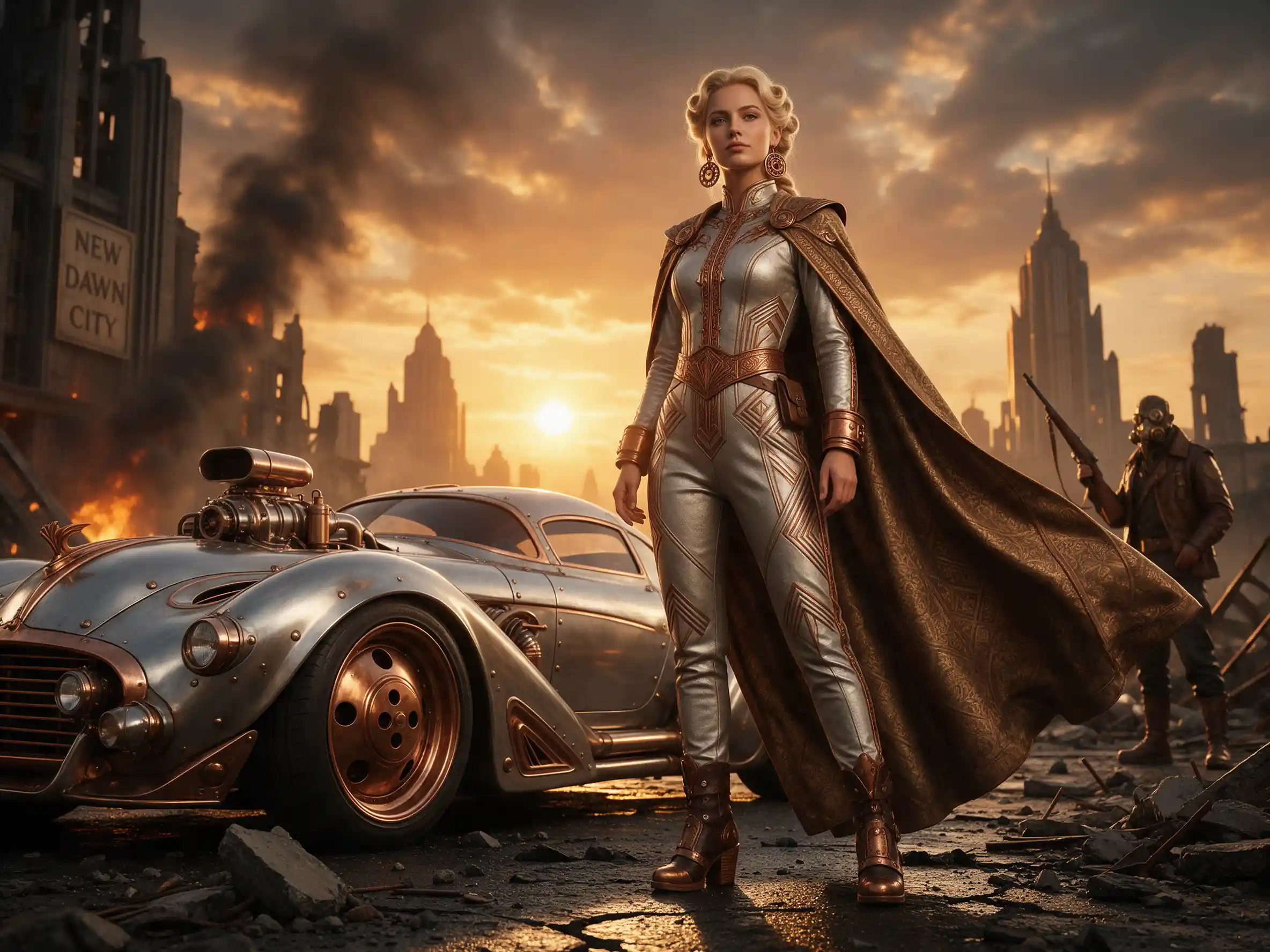 A young blonde woman stands in a metallic dieselpunk jumpsuit and flowing cape