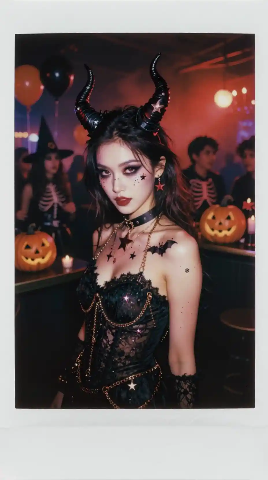 A woman in a gothic devil costume at a crowded Halloween party