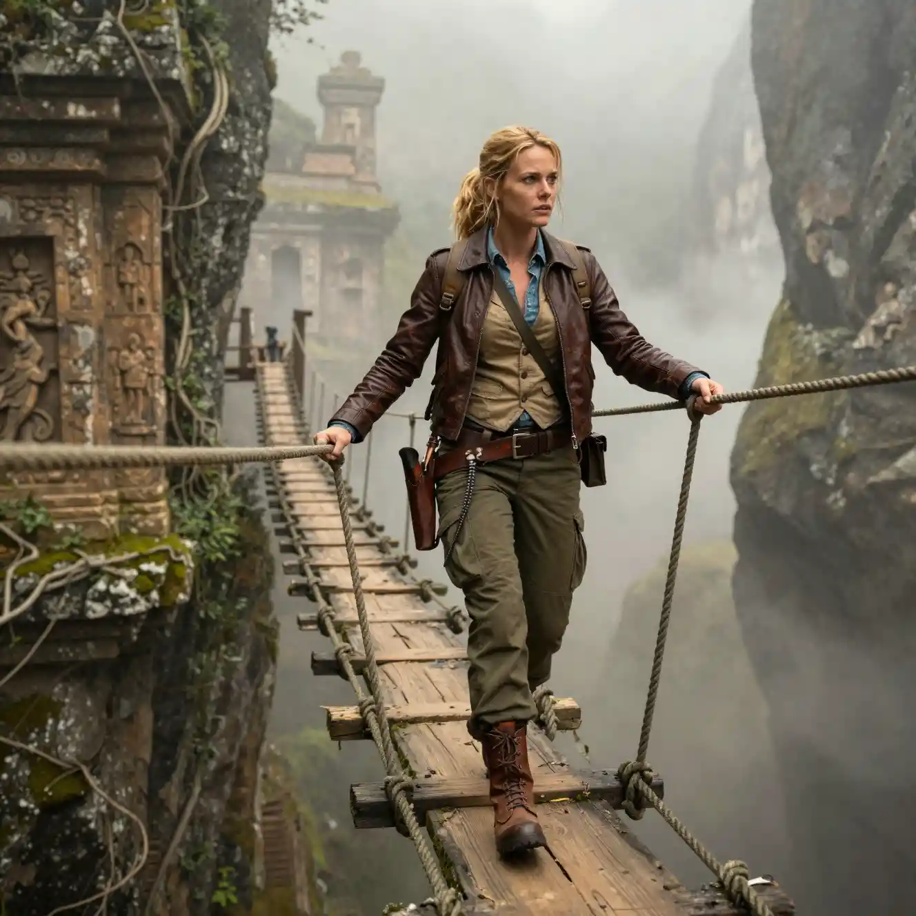 A female explorer crosses a rope bridge above a foggy canyon