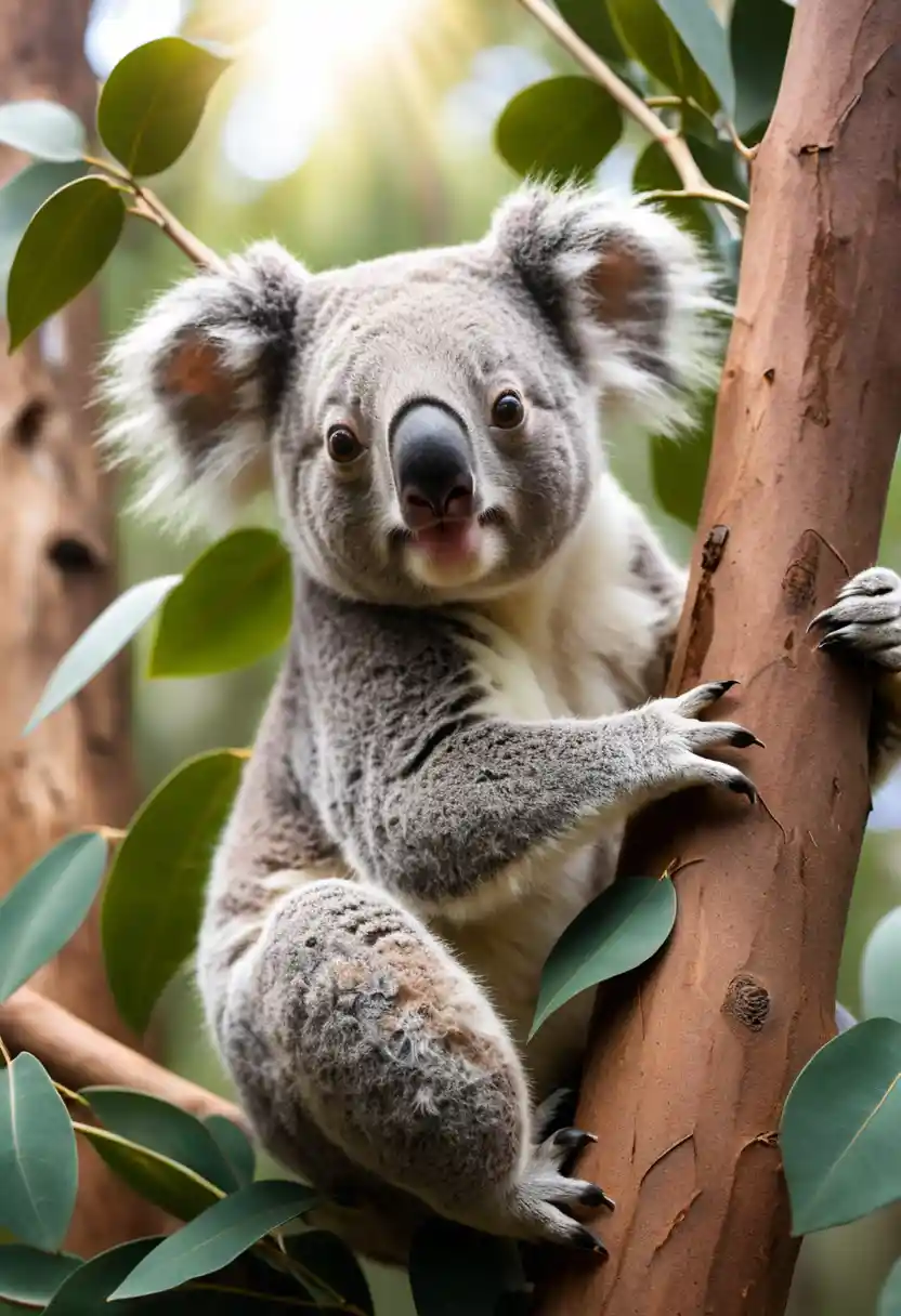 A koala eats eucalyptus leaves in a sunlit forest