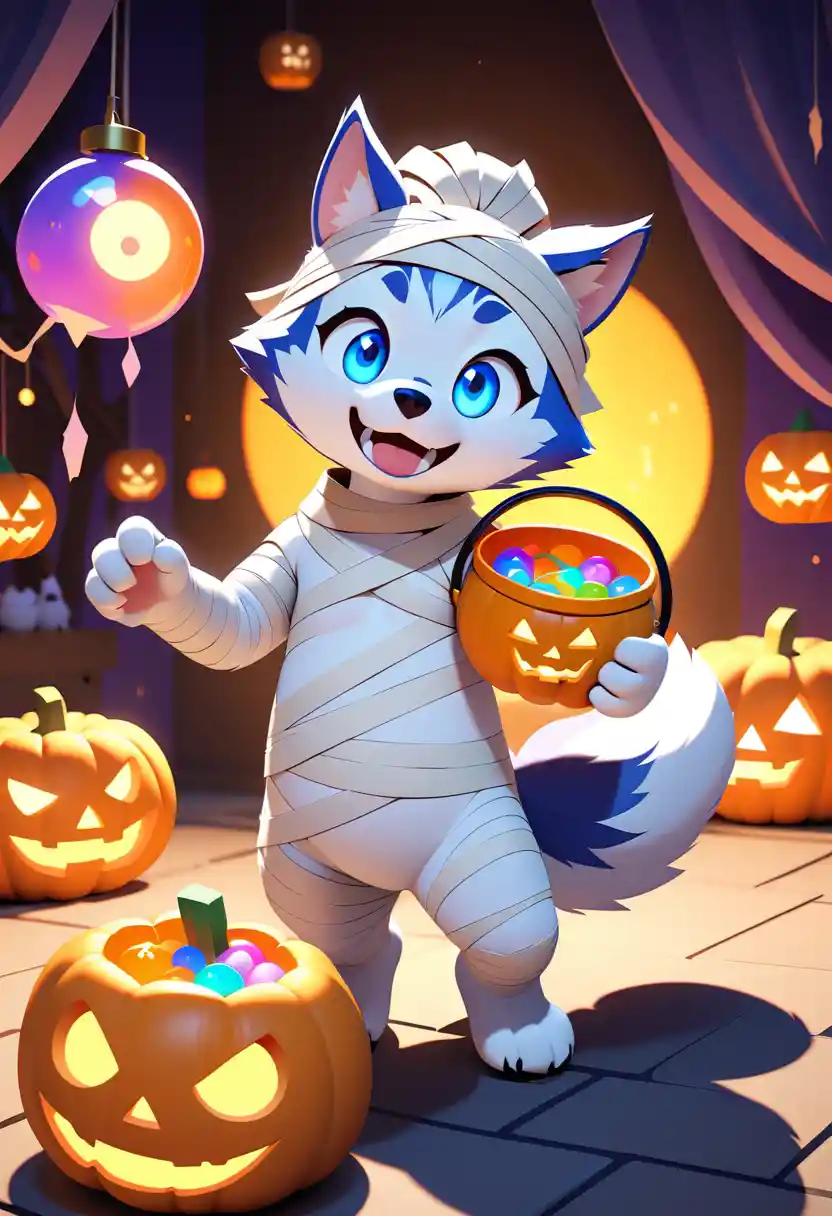 Ein als Mumie verkleideter Siberian Husky hält einen Halloween-Süßigkeiteneimer