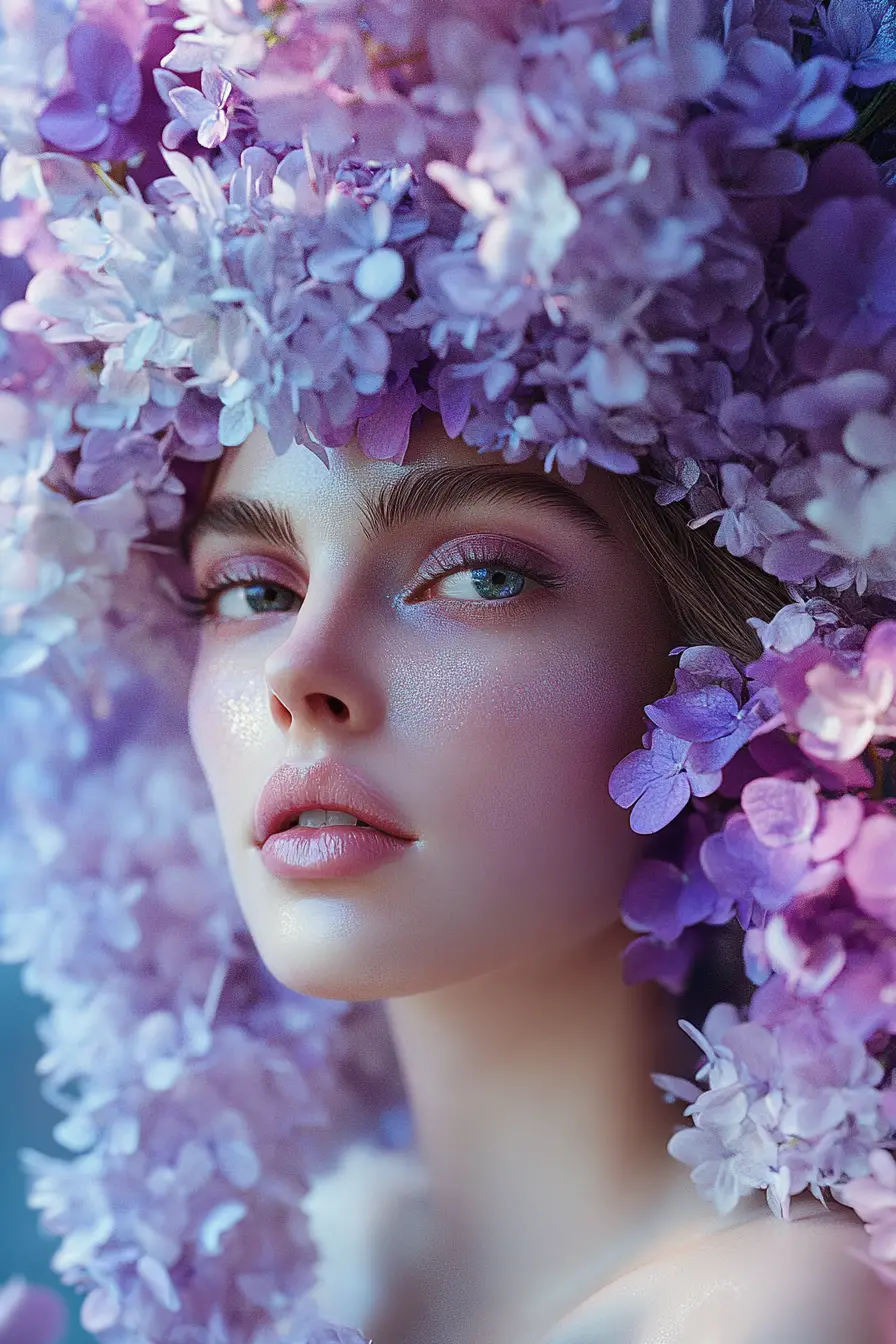 Fleurs biomorphiques surréalistes aux tons lilas pastel métallisés