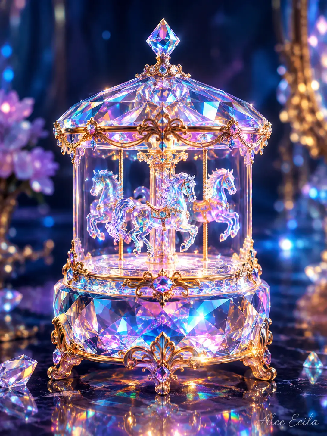 A Translucent Crystal Music Box Glows With Iridescent Geometric Particles