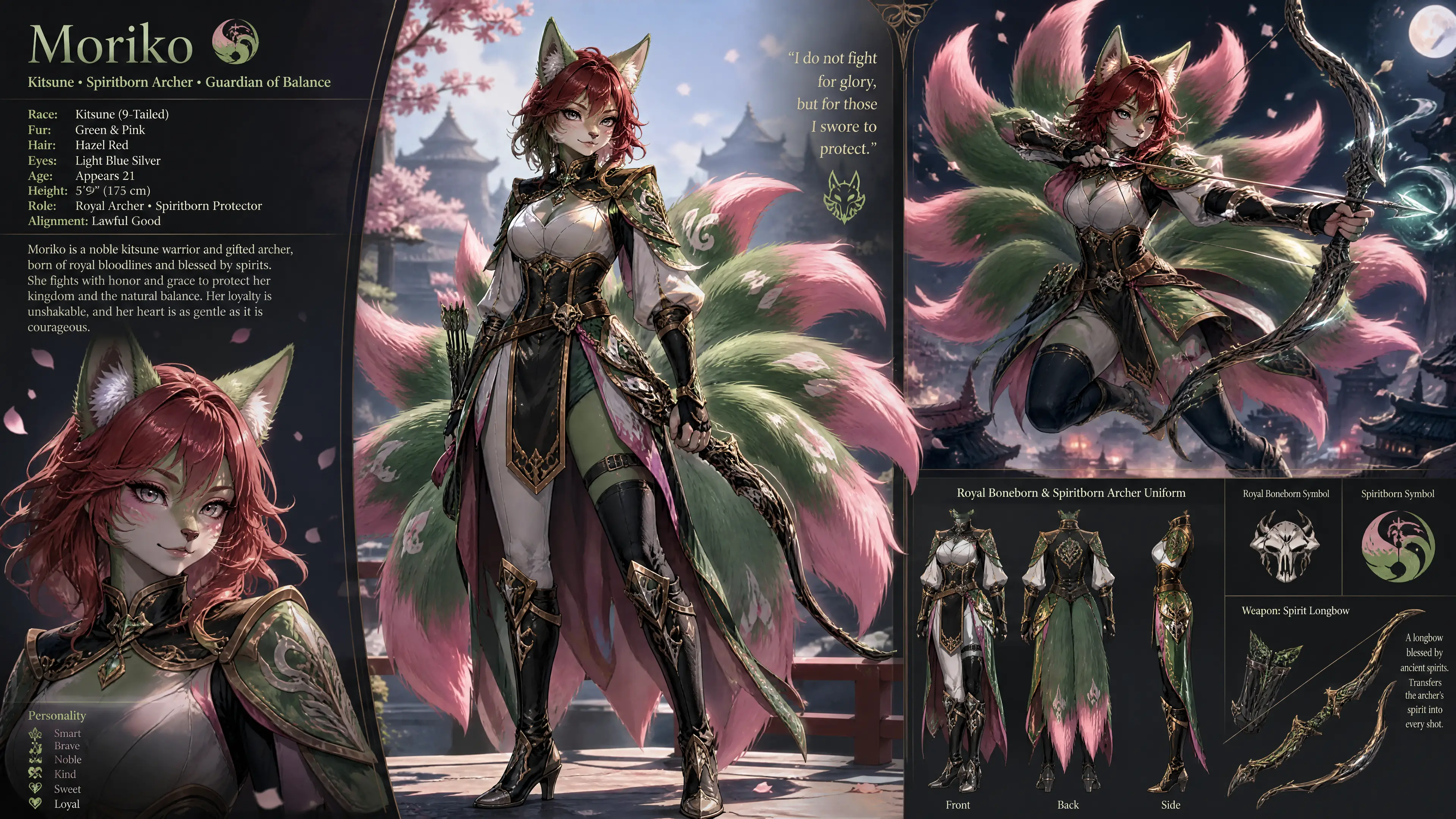 Une archère kitsune à neuf queues au pelage vert et rose