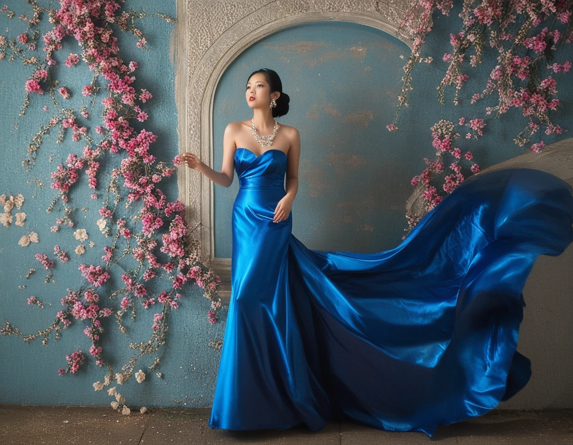 A Japanese woman in a strapless blue satin prom dress