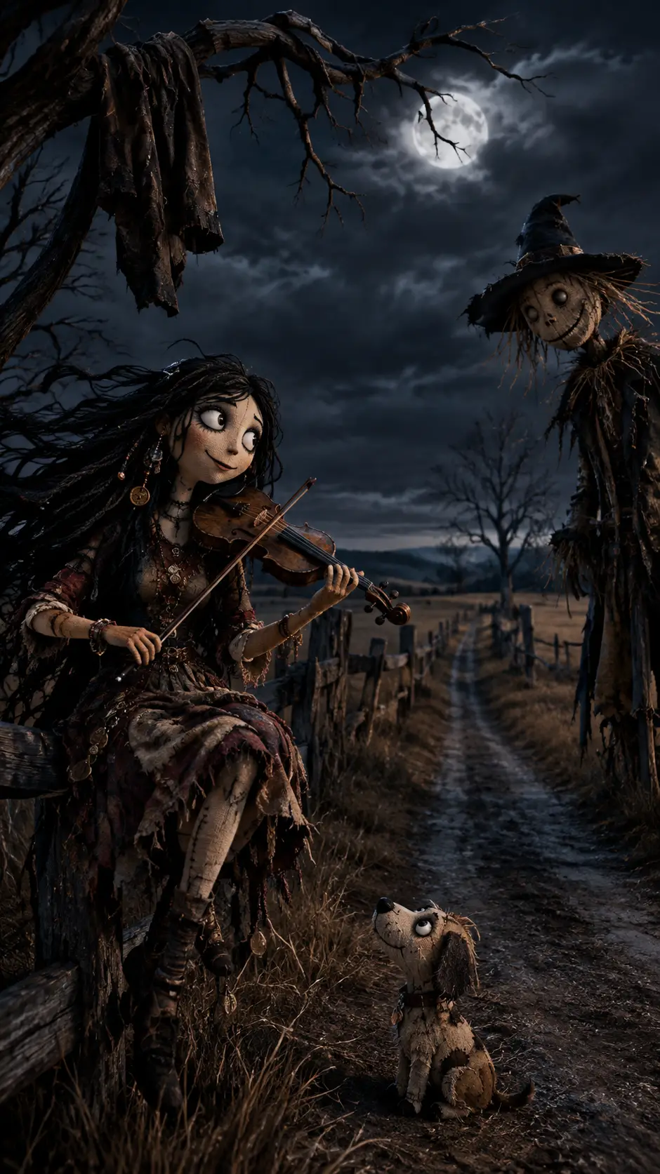 A rag doll plays an old violin while seated on a fence beside dry fields