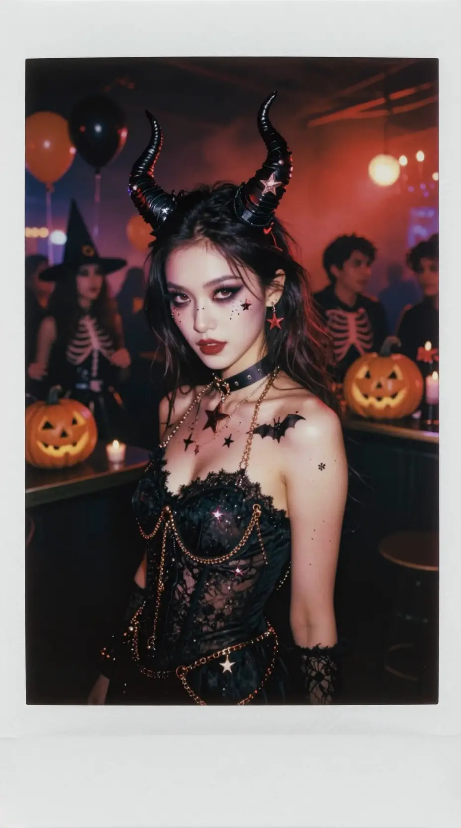大勢でにぎわうハロウィンパーティーにいるゴシックな悪魔コスチュームの女性