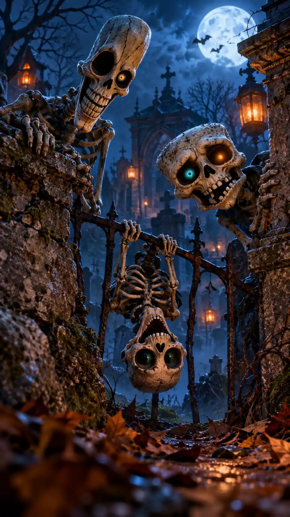 Three undead skeletons spy over a crumbling cemetery wall