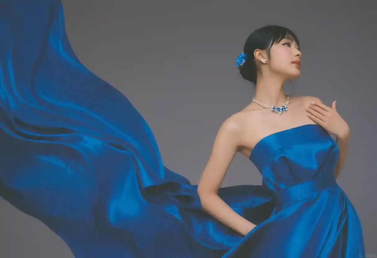 Japanese woman in an electric blue strapless satin prom dress