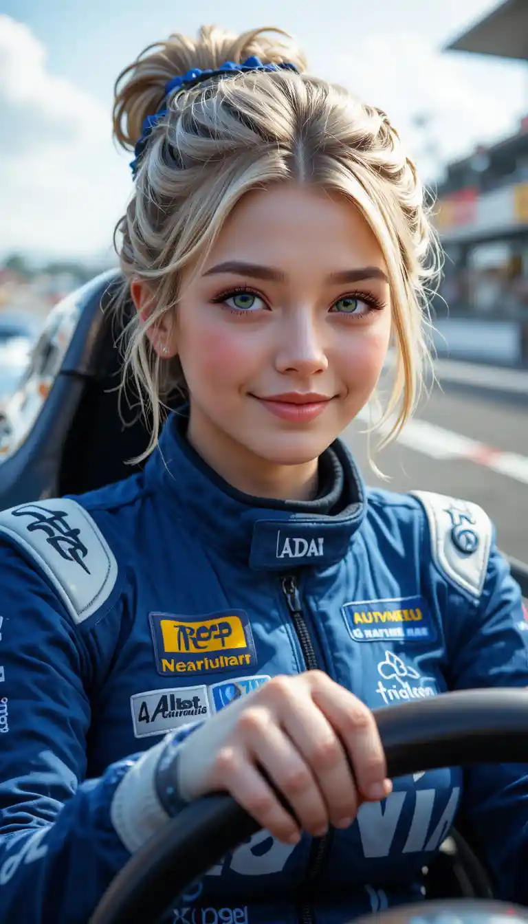 A young Formula One racer stands on the circuit in a racing suit