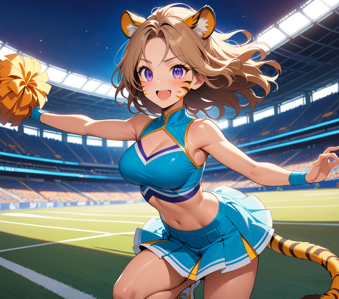 満員のスタジアムで、虎の女性チアリーダーが芝生の上を跳び越える