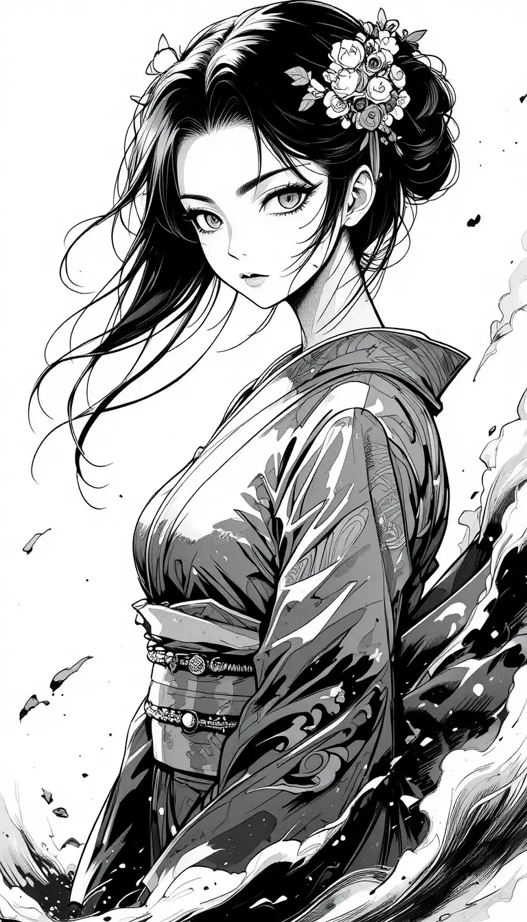 Portrait de geisha en manga en niveaux de gris, aux cheveux flottants