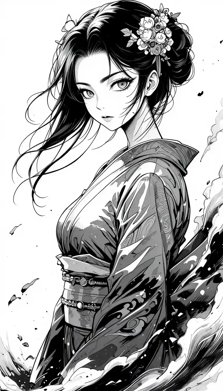 A grayscale manga portrait of a geisha with flowing hair