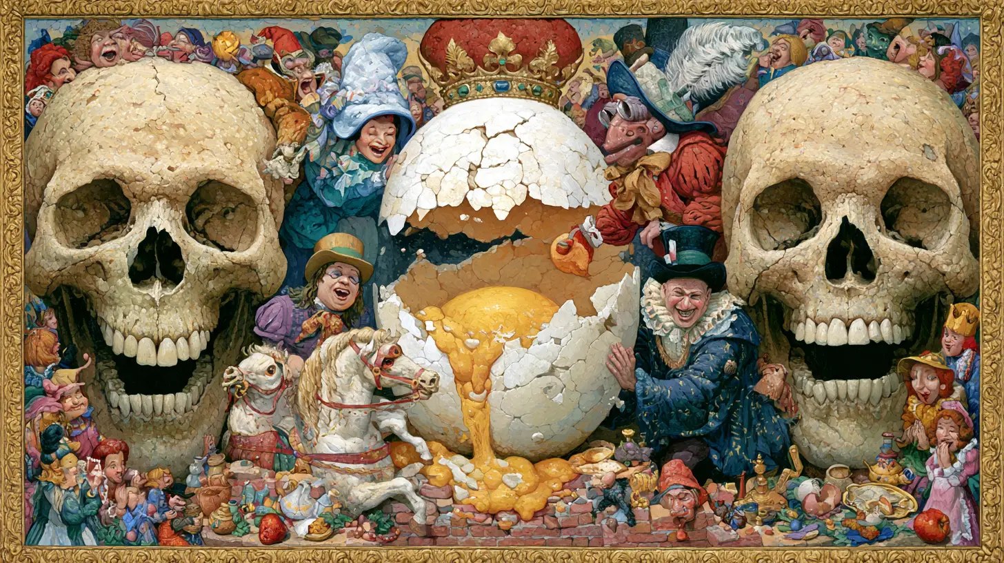 Humpty Dumpty fällt von der Mauer und das Eigelb läuft heraus