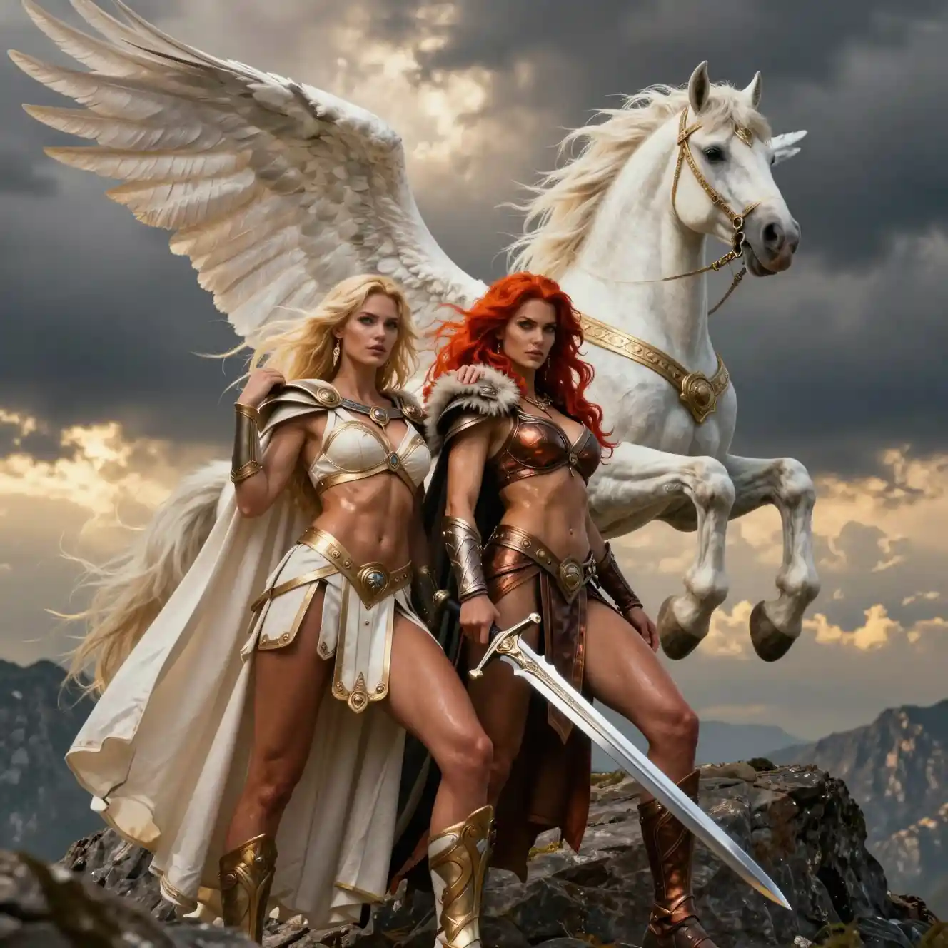 Warrior queens stand with a winged Pegasus on a rocky mountain peak