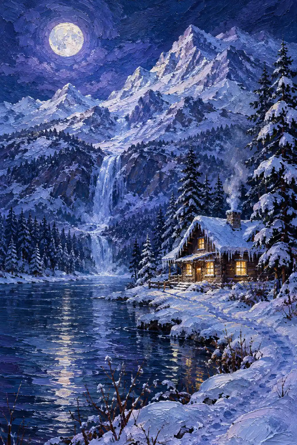 Snowy mountain peaks rise behind a moonlit cabin in winter