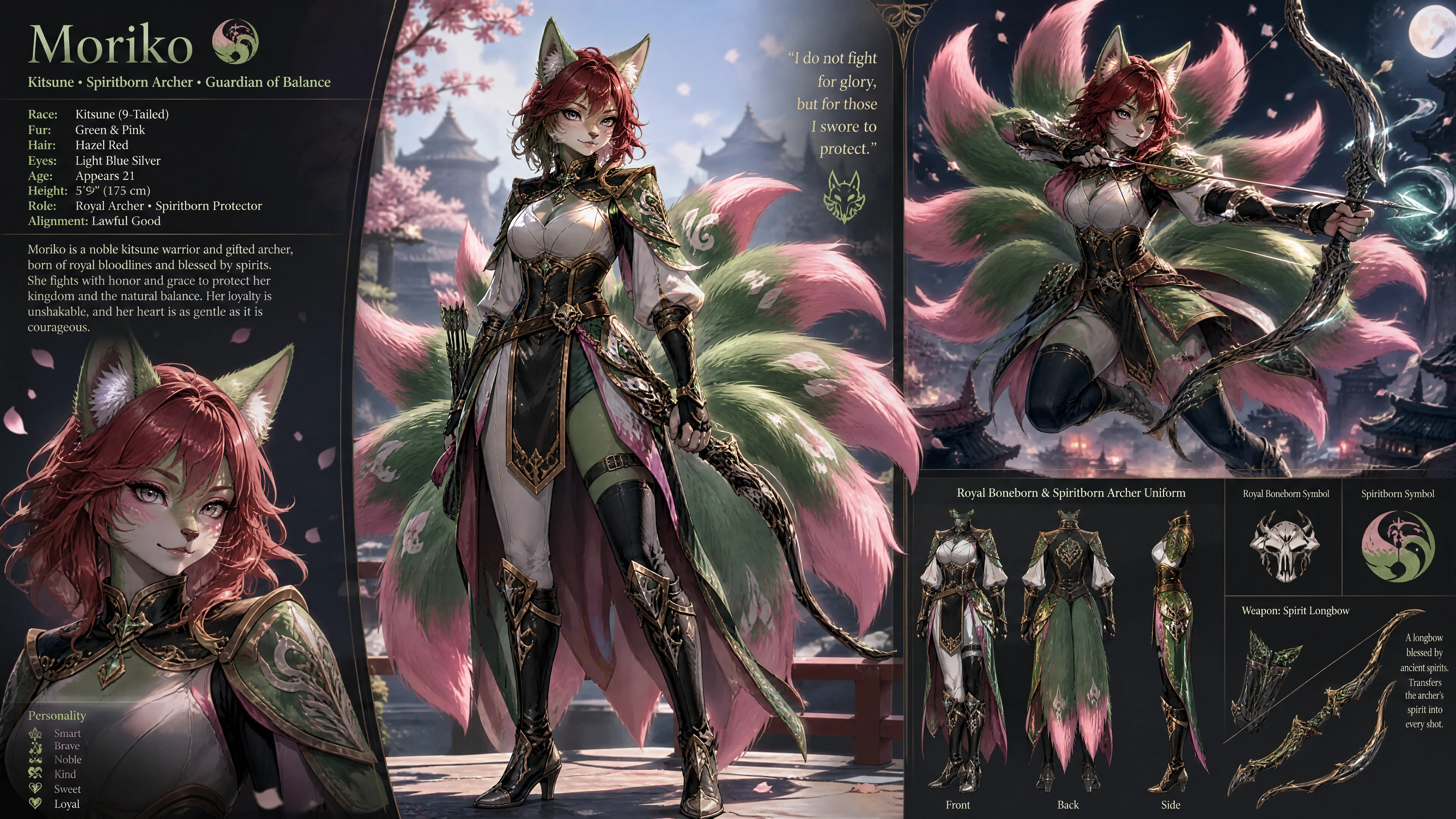 Un'arciere kitsune a nove code con il pelo verde e rosa