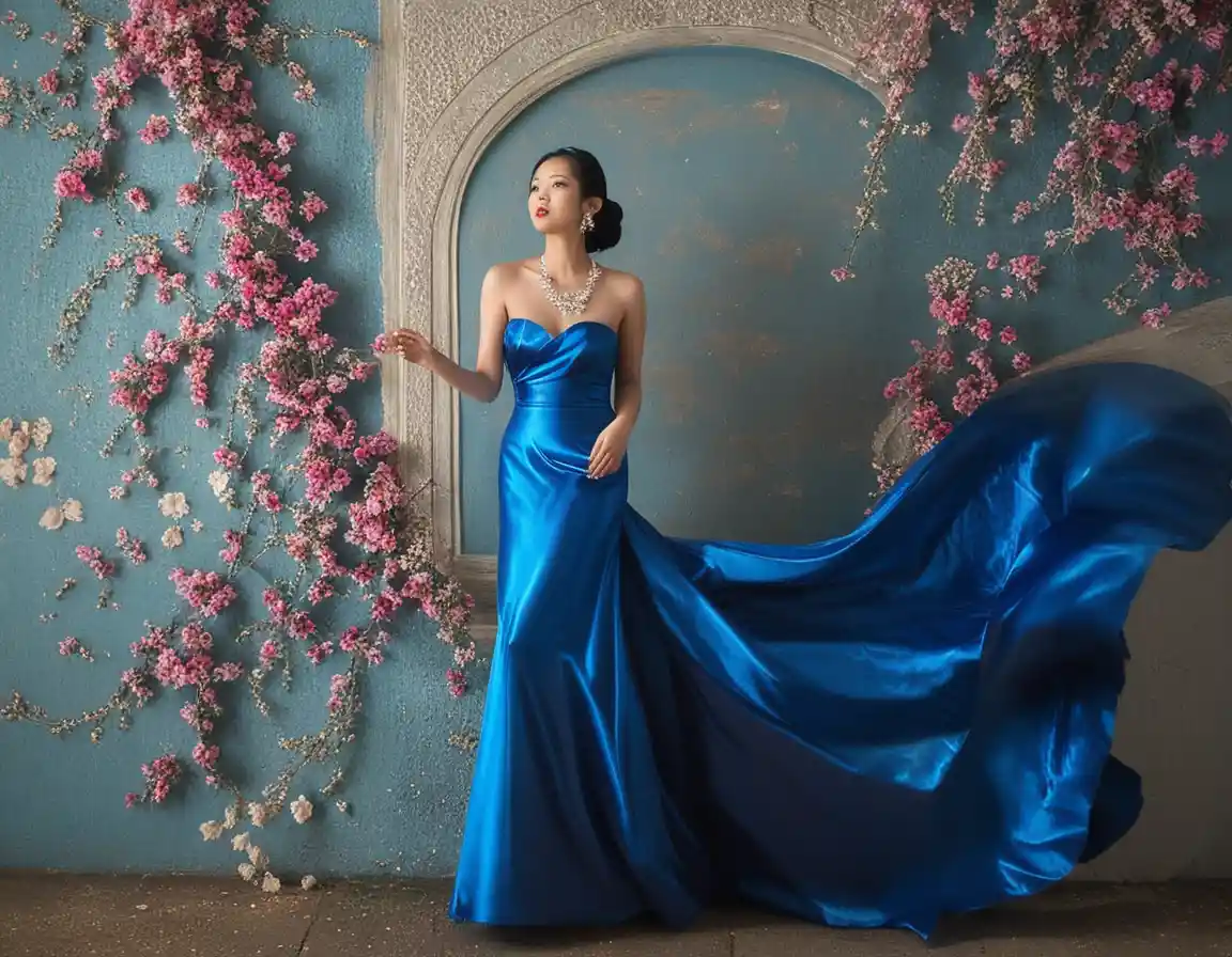 A Japanese woman in a strapless blue satin prom dress