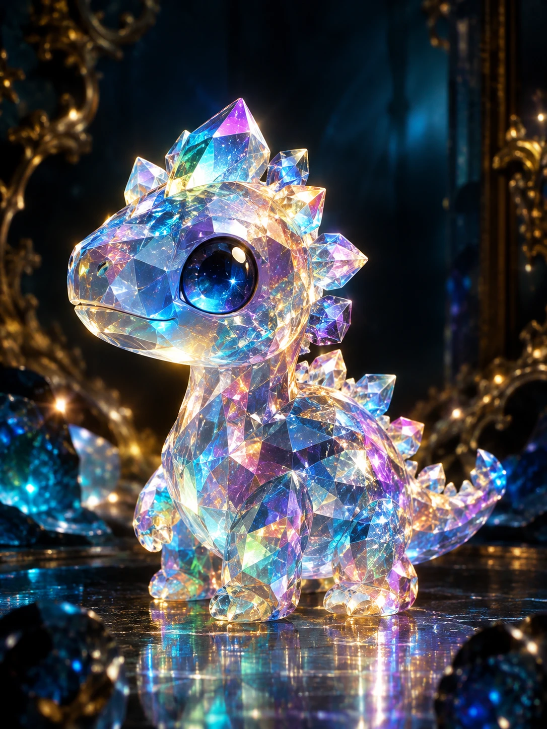 Um dinossauro de cristal translúcido brilha com luz iridescente