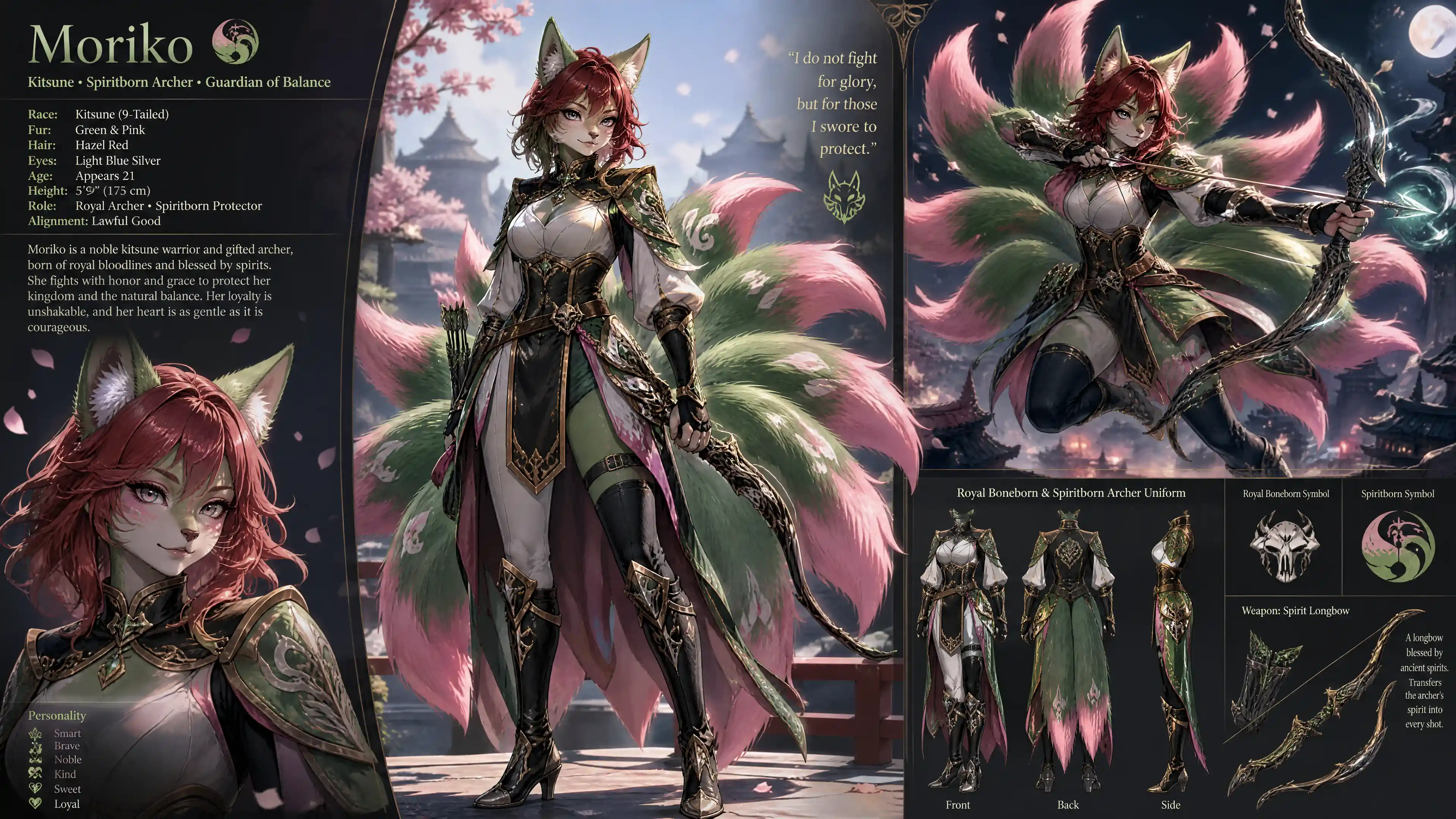 A nine-tailed kitsune archer with green and pink fur