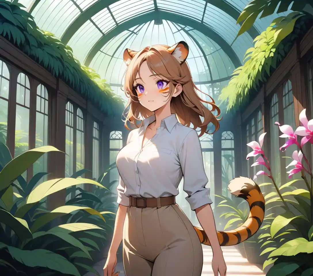 A tiger woman botanist inspects a glowing flower in a lush conservatory
