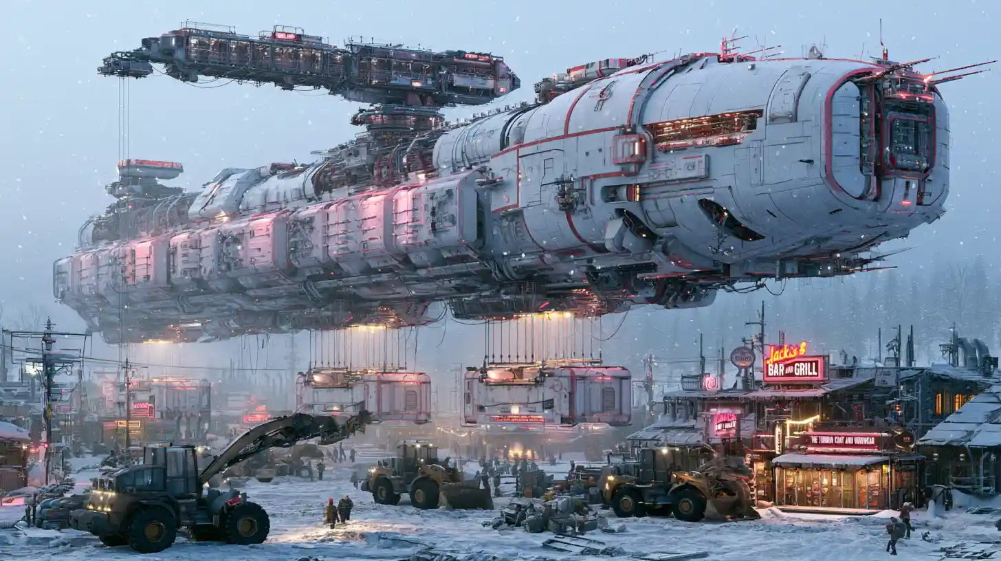 A modular cargo spaceship hovers above a rugged snowy outpost