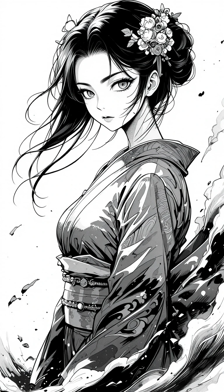髪がなびく芸者のモノクロ漫画ポートレート