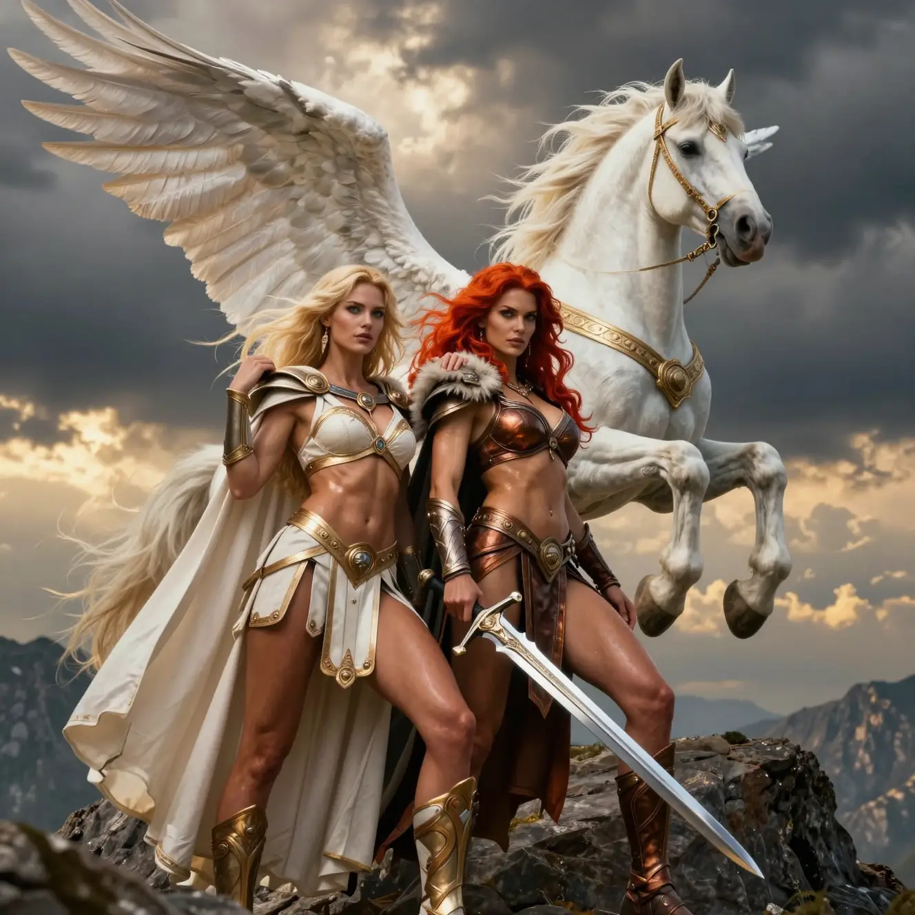 Kriegerköniginnen stehen mit einem geflügelten Pegasus auf einem felsigen Berggipfel