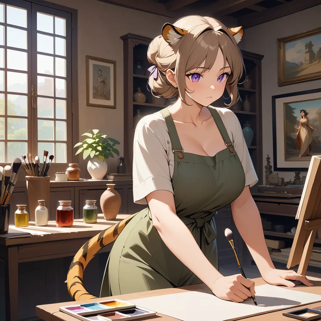 A tiger-woman restores a classical painting in a sunlit Florence studio