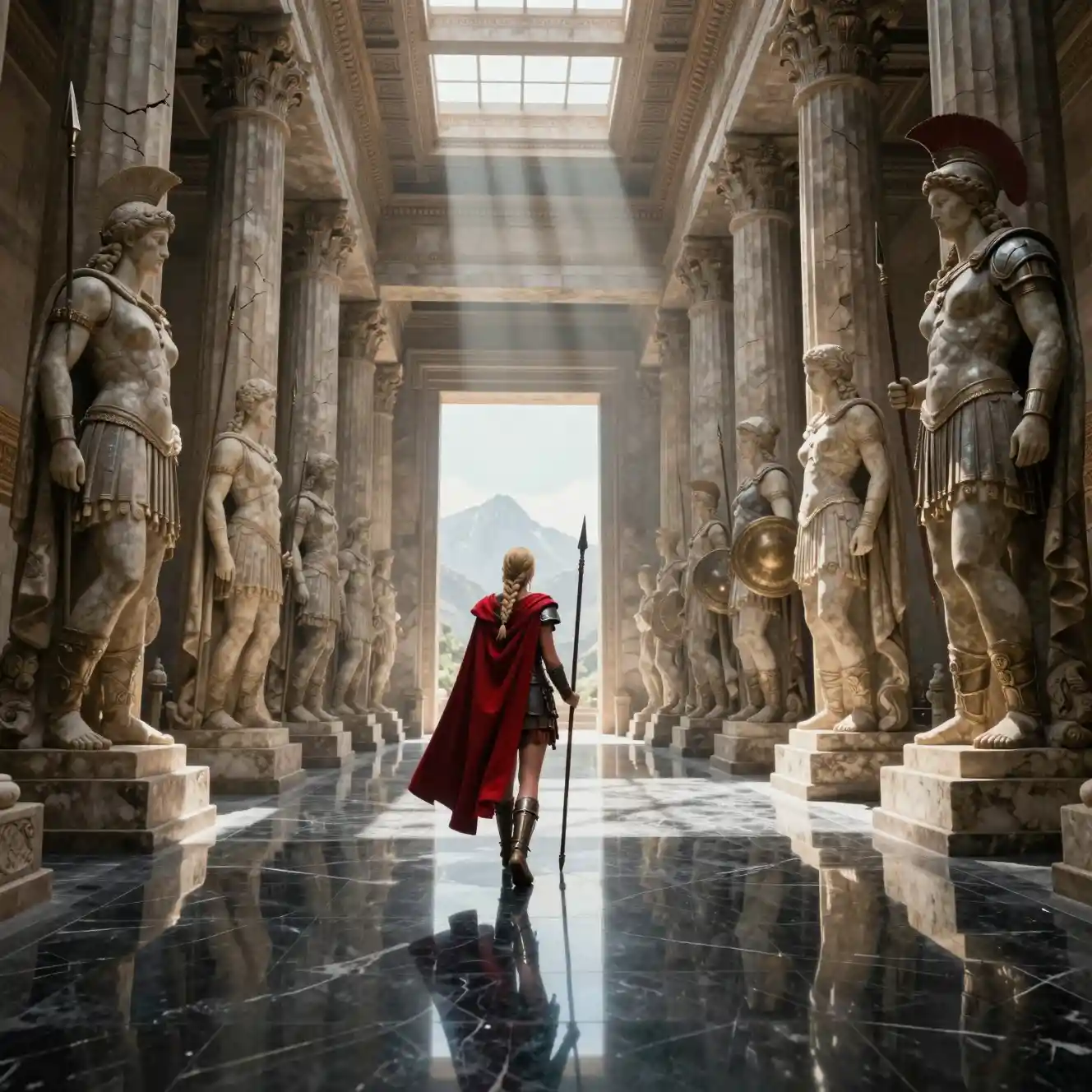 A warrior walks through a monumental Greek temple lined with Spartan statues