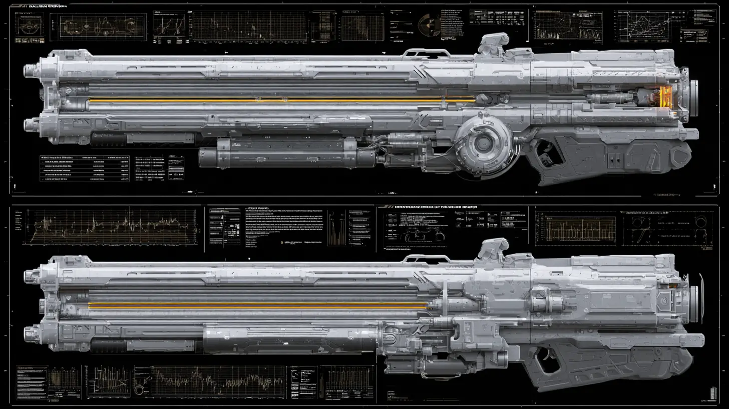 Ein dreidimensionaler Railgun-Entwurf in einer technischen Zeichnung