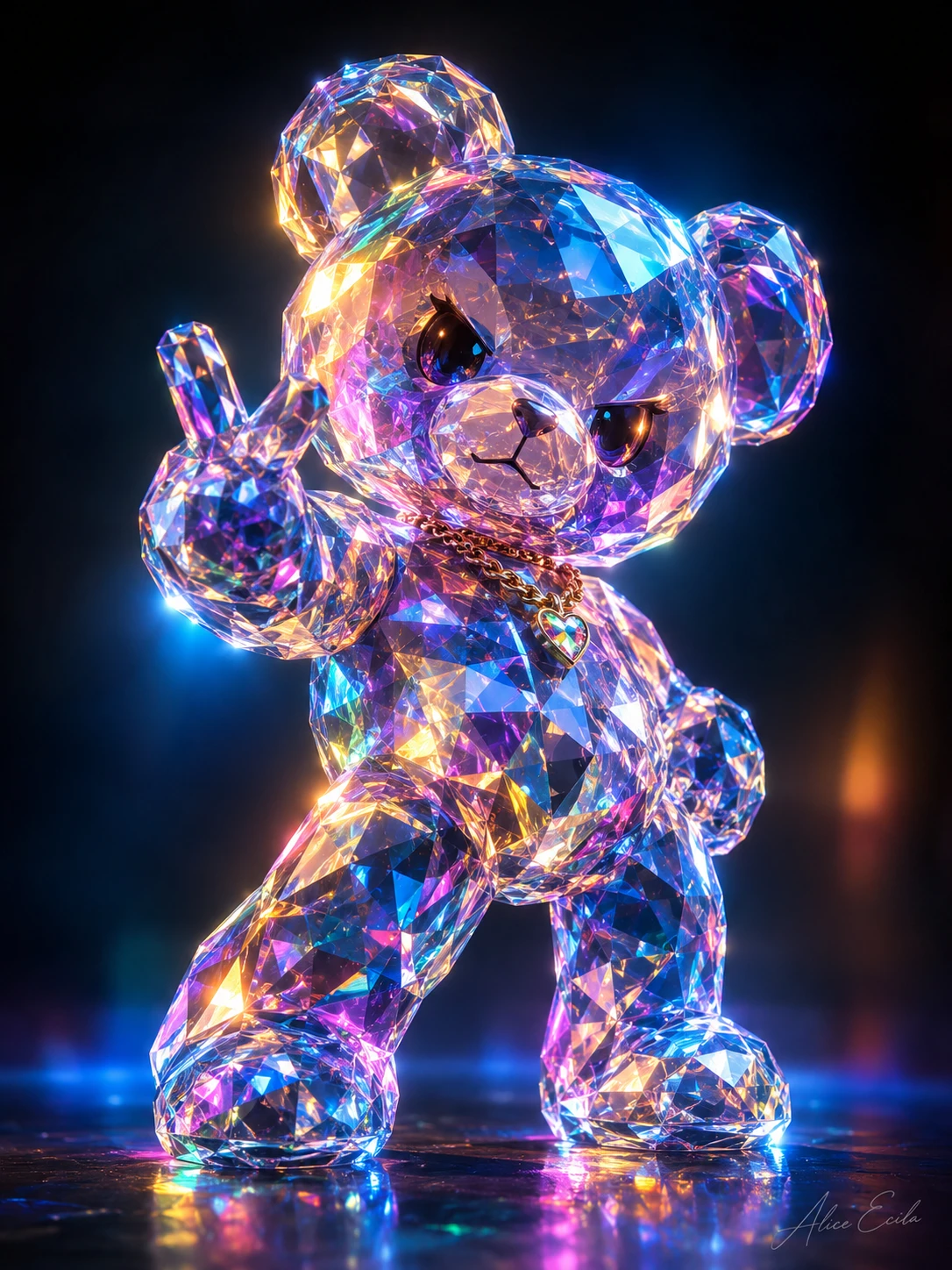 半透明のクリスタル製テディベアのフィギュアがドラマチックなポーズを披露