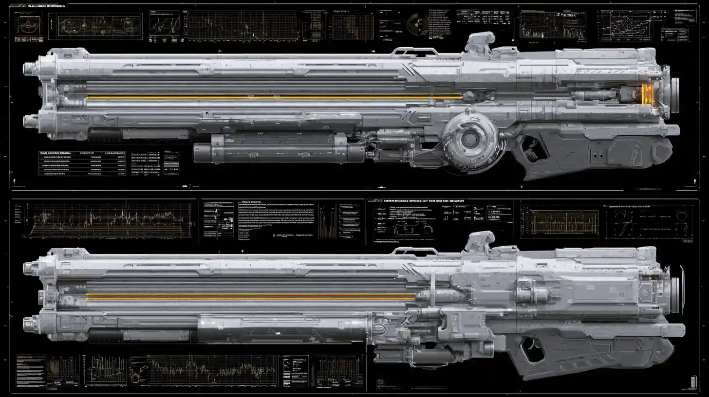 A three dimensional railgun design shown in a technical diagram