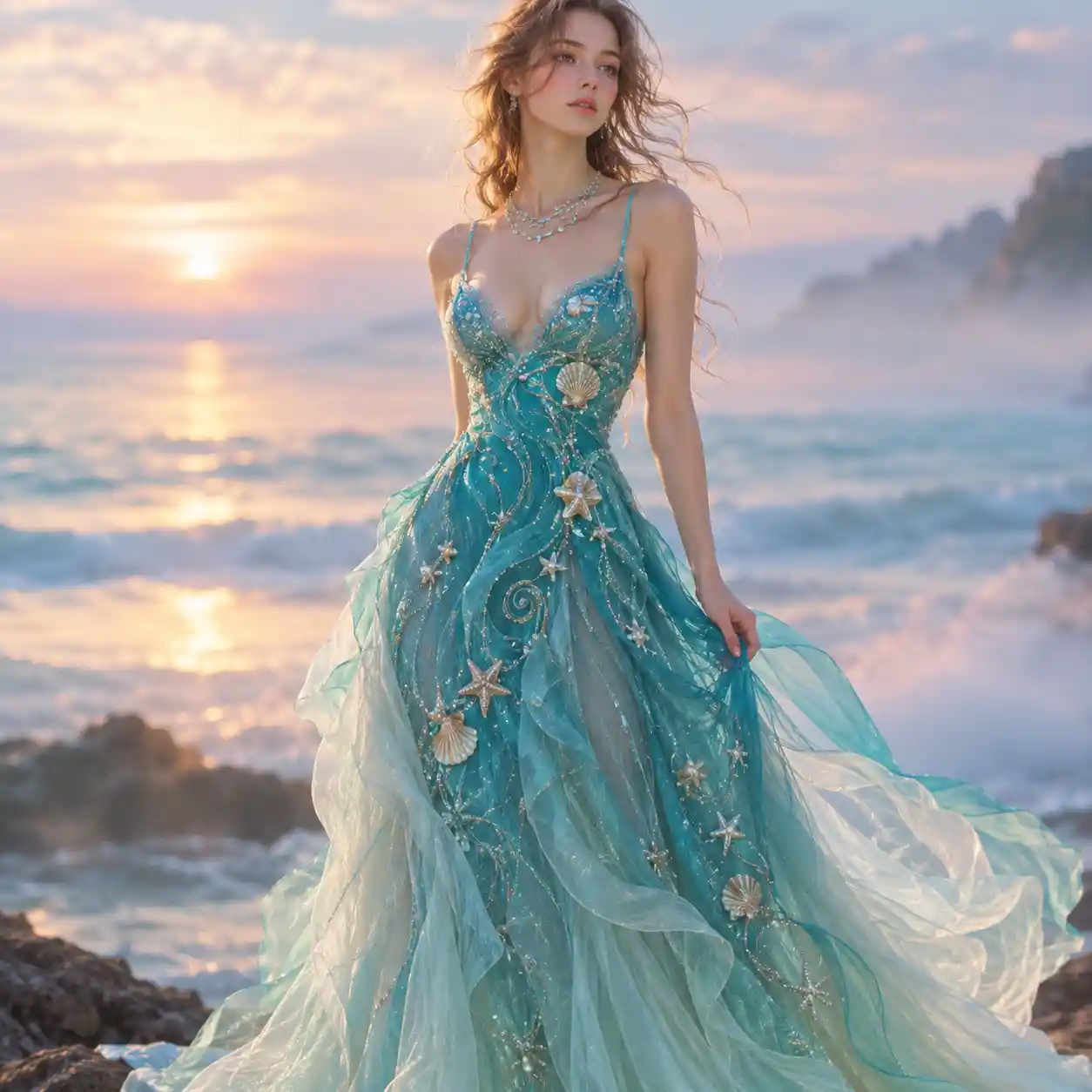 Un vestido azul turquesa inspirado en el océano, con bordados de conchas y capas vaporosas
