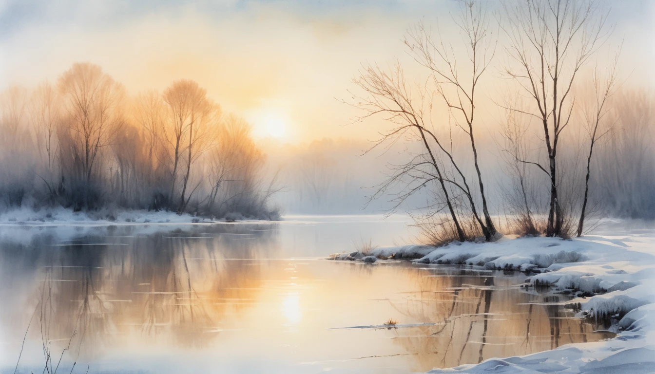 Aquarell-Sonnenaufgang über einem nebligen Wintersee mit kahlen Weiden