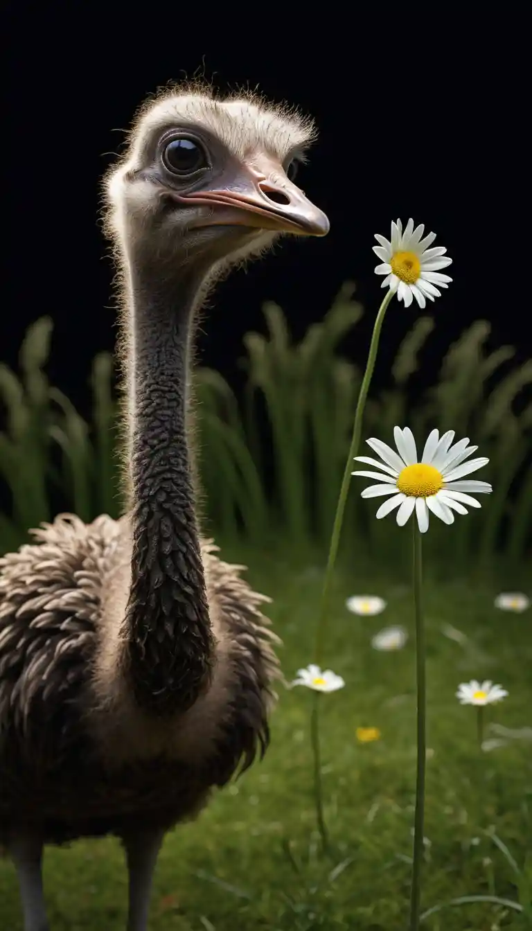 Ein fröhlicher Strauß hält ein Gänseblümchen im Schnabel und steht auf Gras vor schwarzem Hintergrund