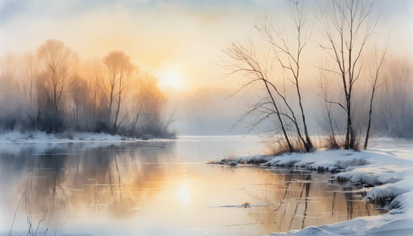 A Watercolor Sunrise Over a Misty Winter Lake With Bare Willows