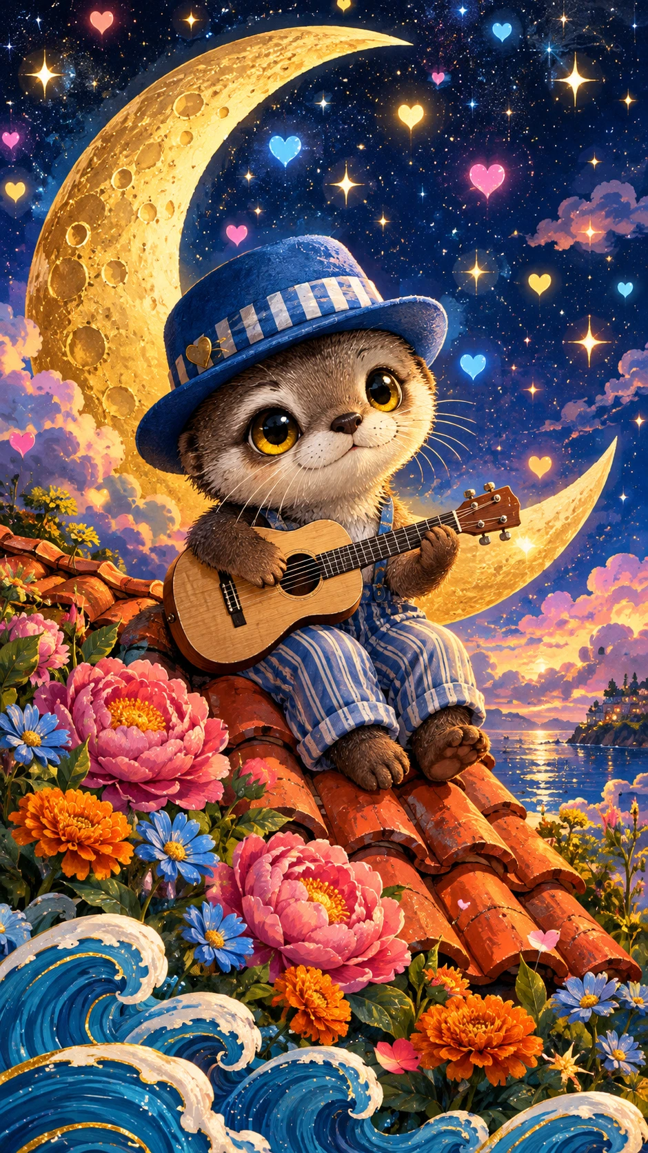 Une loutre jouant de la guitare est assise sous un croissant de lune sur des tuiles rouges