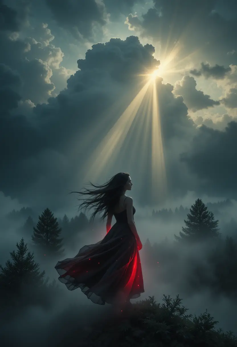 Eine vom Wind erfasste Frau inmitten leuchtender Sturmwolken in einer Fantasy-Landschaft